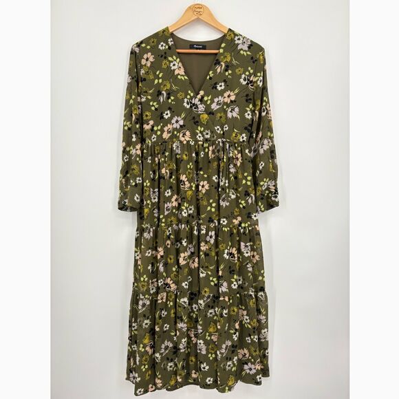 Madewell Cinch-Waist Tiered Midi Dress Sz XS Green Floral Peasant Boho - Picture 4 of 12